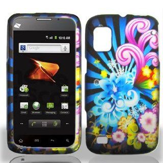 ZTE Warp N860 N 860 Black with Colorful Neon Floral Flowers Blue Design Rubber Feel Snap On Hard Protective Cover Case Cell Phone Cell Phones & Accessories