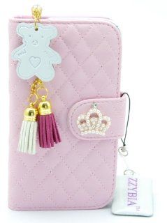ZZYBIA S4 QCB Pink Leatherette Case Card Holder Wallet With White Bear Fringed Dust Plug Charm for Samsung Galaxy S4 IV I9500 I9505 Cell Phones & Accessories