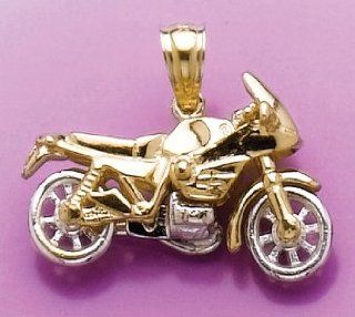 14k Gold Novelty Necklace Charm Pendant, 3d Motorcycle With Front Shied Moveable Jewelry