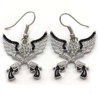 Western Cowgirl Dual Revolver Pistol Gun Dangle Earrings Angel Wings Body Fashion Jewelry Jewelry
