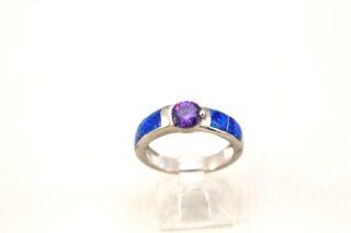 Sterling Silver 925 Inlayed Synthetic Opal and Purple CZ Ring Size 6 Jewelry