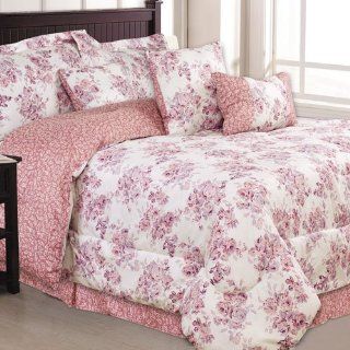 Rose Pink Ivory Full Size Floral 7 Piece Comforter Set Pillows   Pink Roses Comferter Set