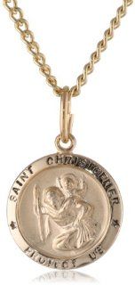 14k Gold Filled Small Round Saint Christopher Pendant Necklace with Stainless Steel Chain, 18" St Christopher Necklaces Jewelry