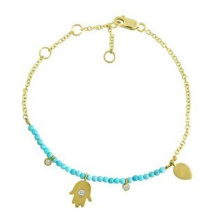 Meira T 14k Yellow Gold Turquoise Beaded Diamond Hamsa Bracelet Accented with Bezel Set Diamonds Jewelry