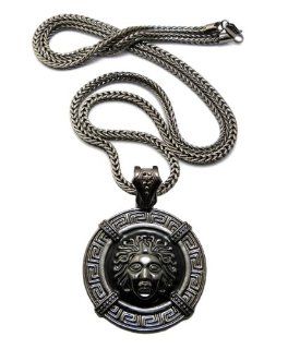 New Iced Out Hematite Medusa Face Circle w/4mm 36" Franco Chain Necklace XP876HE Pendant Necklaces Jewelry