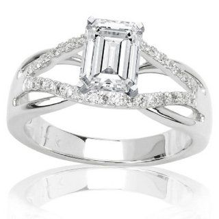 1.28 Carat Emerald Cut / Shape 14K White Gold Infinity Twisting Split Shank Pave Set Round Diamonds Engagement Ring ( J Color , SI2 Clarity ) Jewelry