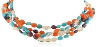 Sterling Silver 4 Strand Carnelian, Garnet, Citrine and Turquoise Beaded Necklace, 16" Jewelry