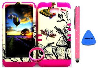 Bumper Case for Motorola Droid Razr M (XT907, 4G LTE, Verizon) Protector Case Butterfly Dragonfly on Light Yellow on Pink Snap on + Pink Silicone Hybrid Cover (Stylus Pen, Pry Tool & Wireless Fones' Wristband included) Cell Phones & Accessorie
