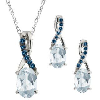 1.40 Ct Oval Sky Blue Aquamarine Gemstone 18k White Gold Pendant Earrings Set Jewelry