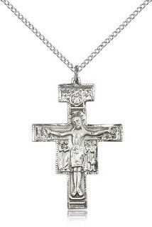 Large Detailed Men's .925 Sterling Silver San Damiano Highest Quality Crucifix Cross Medal Pendant 1 1/4 x 7/8 Inches  6077  Comes with a .925 Sterling Silver Lite Curb Chain Neckace And a Black velvet Box Jewelry