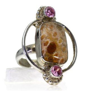Pink Topaz, Fossilized Coral Women Ring (size 7.75) Handmade 925 Sterling Silver hand cut Pink Topaz, Fossilized Coral color Brown 12g, Nickel and Cadmium Free, artisan unique handcrafted silver ring jewelry for women   one of a kind world wide item with 