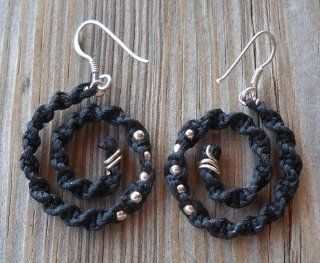 Handmade Black Wax String Knitted 925 Sterling Silver Spiral Dangle Earrings Black Wax String Alpaca Non Tarnish Silver Wire 925 Sterling Silver Earwires, seed Beads 2.6cm Diameter Brand New  Wedding Ceremony Accessories  