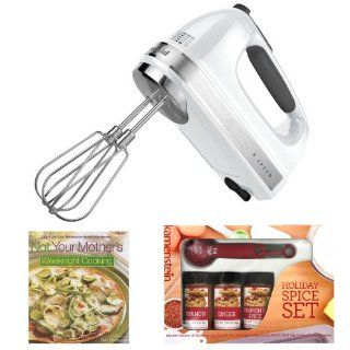 KitchenAid KHM926WH 9 Speed Hand Mixer (White) + Cooking Book + Kamenstein Mini Measuring Spoons Spice Set Kitchen & Dining