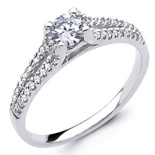 14K White Gold Round cut Diamond with Round Side stone Ladies Women Wedding Engagement Ring Band with Side Stones (0.53 CTW., G H Color, SI Clarity) Goldenmine Jewelry
