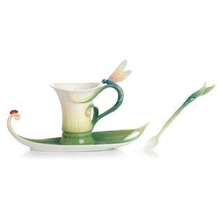 Franz Porcelain Peace and Harmony Bamboo Design Sculptured Porcelain Cup/Saucer Set with Spoon Kitchen & Dining