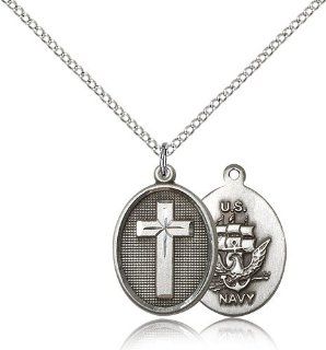 .925 Sterling Silver Highest Quality Cross / Navy USN Sailor Seaman Protection Gift Medal Pendant 3/4 x 1/2 Inches  0898  Comes with a .925 Sterling Silver Lite Curb Chain Neckace And a Black velvet Box Jewelry