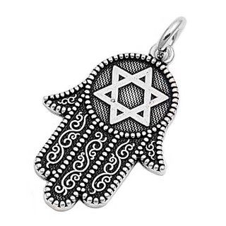 925 Sterling Silver Hamsa Hand with Star of David Pendant Jewelry
