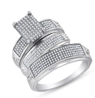 925 Sterling Silver Micro Pave Set Round Brilliant Cut Diamond Mens and Ladies Couple His & Hers Trio 3 Three Ring Bridal Matching Engagement Ring Wedding Band Set   Emerald Shape Center Setting   (.68 cttw.)   SEE "PRODUCT DESCRIPTION" TO CH