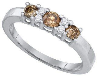 0.54 Carat (ctw) 10K White Gold Round White & Cognac Diamond Ladies Bridal 3 Stone Fashion Engagement Ring 1/2 CT Jewelry