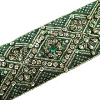 1 Yd Green Hand Beaded Sequin Border Trim Ribbon Lace