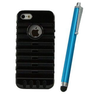 NEW Stripe Hybrid BLACK Hard PC BLACK Silicone Double layer Case For iPhone 5 5G with blue stylus pen Cell Phones & Accessories