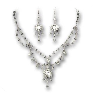 Antique Silver Tone Clear Chandelier Necklace & Earrings Bridal Jewelry Set Jewelry