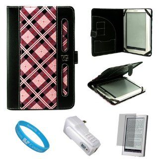 Pink Checkered Plaid Pattern Design Protective Book Style Portfolio Case Cover with Accessory Slot for Sony PRS 950 Daily Edition Electronic Digital e Reader Wireless Reading Device + INCLUDES Clear Screen Protector for SONY PRS950 LCD Display Screen + 