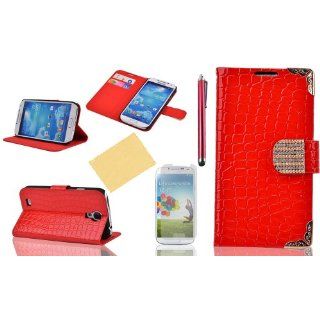 OMIU(TM)Special Corner Design Quality Wallet Leather Carry Case Cover with Credit Card Holders Fit for Samsung Galaxy S4 I9500(Red), With Luxury Rhinestones Closure Button, Stand View Function, Sent Screen Protector+Stylus+Cleaning Cloth Cell Phones &
