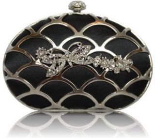 Womens Designer Handbags   Ladies Black Oval Butterfly Diamante Evening Party Clutch Handbag Clothing