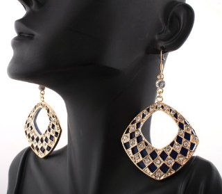 Basketball Wives Gold with Blue Checker Board Style Iced Out 3 Inch Dangle Earrings Poparazzi Jewelry