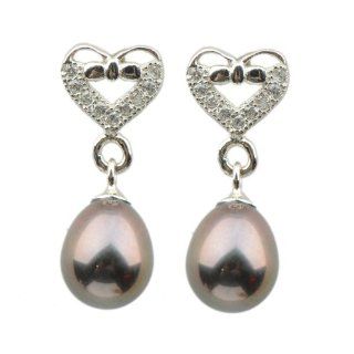 Topearl Light Black 6*8mm Teardrop FW Pearl 925 Silver Heart Earrings Stud Earrings Jewelry