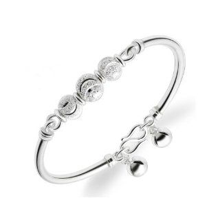Girl's 990 Sterling Silver Bangle Bracelet with Shining Beads Jingle Bells 6" long 11g weight Y57 Jewelry