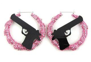 BLING BASKETBALL WIVES POPARAZZI RIHANNA GUN INSPIRED SPANGLE ROUND HOOP EARRING PINK (ONE Side Full W/Stones) Jewelry