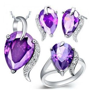 Three piece Purple Pendant without Chain + Earrings + 8# Ring for Women Jewelry