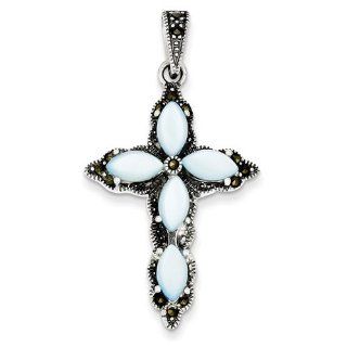 Sterling Silver Marcasite, Blue Mother Of Pearl Cross Pendant, Best Quality Free Gift Box Satisfaction Guaranteed Jewelry