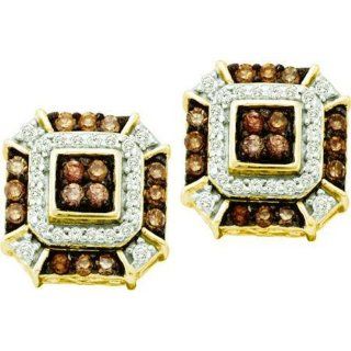 0.48 Carat (ctw) 10k Yellow Gold Round Brown & White Diamond Ladies Fine Earrings Jewelry