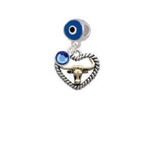 Gold Longhorn in Silver Rope Heart Blue Evil Eye Charm Bead Dangle with Crystal Drop Jewelry