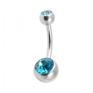 316L Steel Navel Belly Button Ring w/ Two Turquoise Strass Diamonds   Body Piercing & Jewelry by VOTREPIERCING   Size 1.6mm/14G   Length 10mm   Small ball 05mm   Big ball 08mm Jewelry