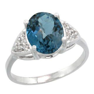 14K White Gold Natural London Blue Topaz Ring Oval 10x8mm Diamond accent 3/8 inch wide, sizes 5 10 Jewelry