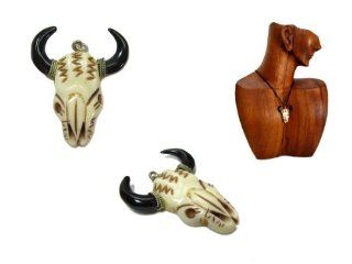 Cow Skull / Steer with Horns Bone Carved Pendant with Cord Necklace Jewelry