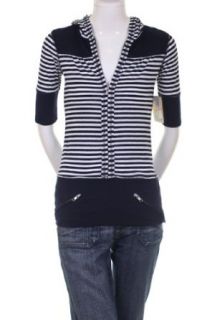 Energie Zipper Short Sleeve Stripe Ribbed T Shirt Hoodie Navy X Large