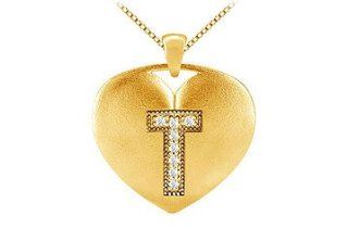 Yellow Gold 14K Heart Initial T Pendant with 0.08 Carat diamonds SUMMI Jewelry