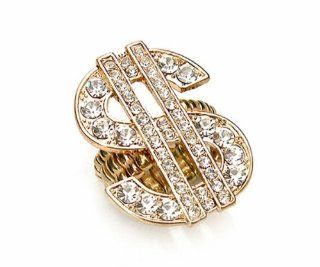 Crystal Dollar Sign Stretch Ring Clear BL Gold Plate Money Casino Bank Jewelry