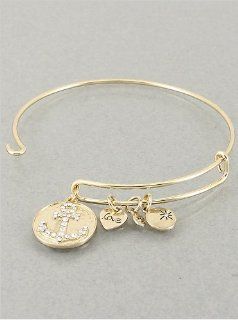 Gold Anchor Charm Bangle Bracelet. Rhinestone Detailed Anchor Charm. Heart Shaped Love Charm and Rhinestone Detailed Star Charm. Jewelry