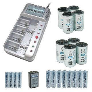 Lenmar General Purpose NiMH Rechargeable Kit. Includes 8 AA, 4 AAA, 1 9V, 4 C size adapter shells, 4 D size adapter shells, and Universal Charger  Digital Camera Batteries  Camera & Photo