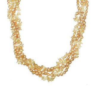 Summer Radiance Twisted Freshwater Cultured Pearl with Citrine and Mother of Pearl Chip Necklace, 36" Strand Necklaces Jewelry