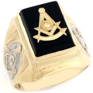 14k Two Tone Real Gold Past Master Freemason Masonic Onyx Mens Ring Jewelry