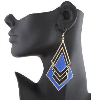 2 Pairs of Gold with Blue Enamel Filled Inverted Two Piece Triangles 4.5 Inch Dangle Earrings Jewelry