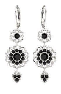 Lucia Costin Silver, Black Swarovski Crystal Flower Earrings with Dots Drop Earrings Jewelry