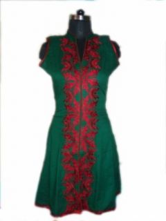Green Cotton Tunic Neck Embroidered Top Casual Dress Clothing